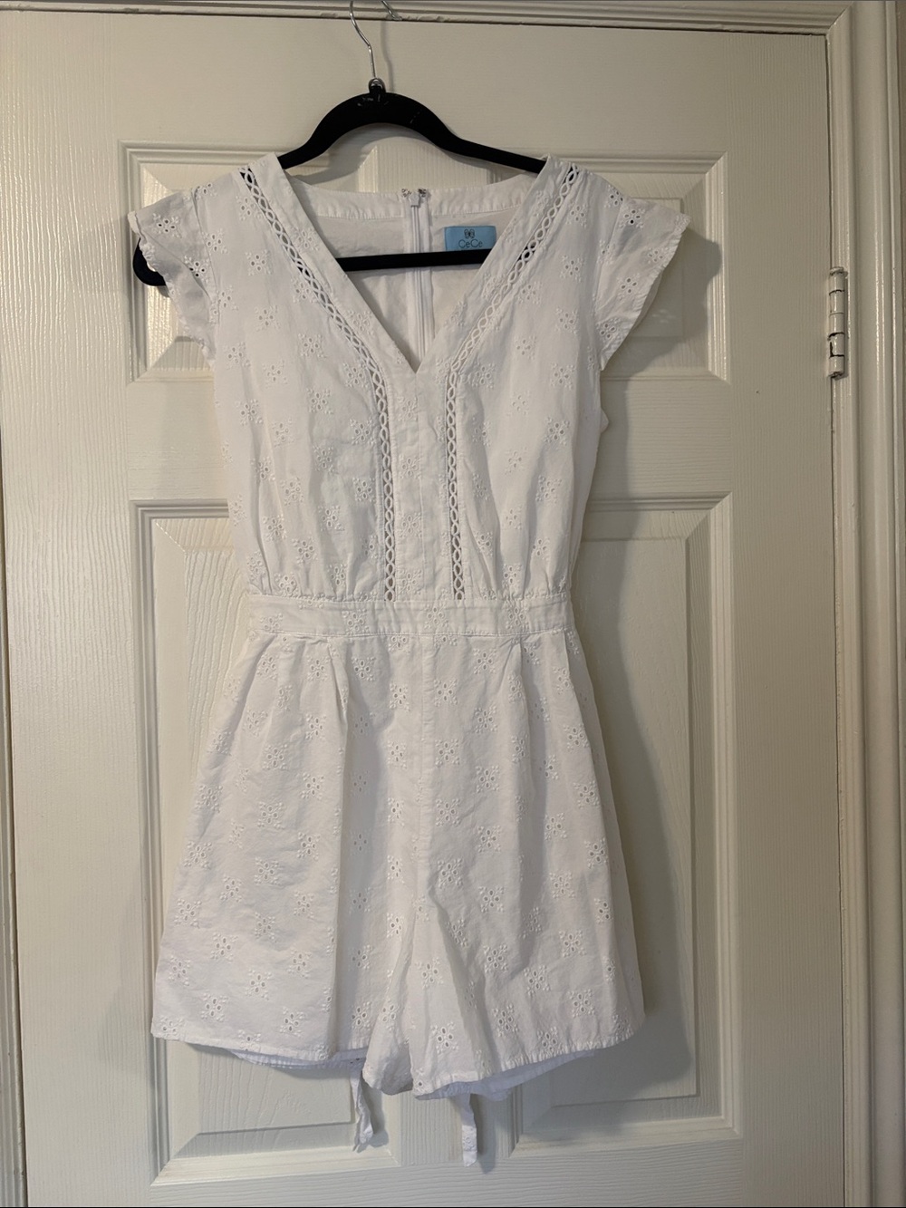 CeCe White Eyelet V-Neck One-Piece Shorts Romper